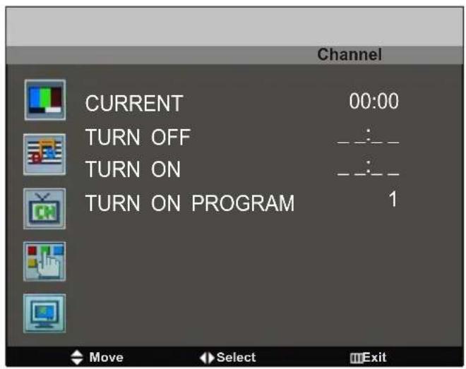 Channel CURRENT 00:00 TURN OFF -- TURN ON -- TURN ON PROGRAM 1 Move Select Exit
