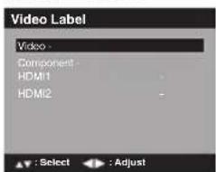 Video Label Video - Component - HDMI1 HDMI2 : Select Adjust