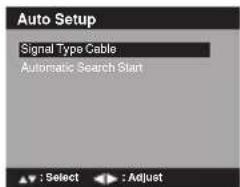 Auto Setup Signal Type Cable Automatic Search Start : Select : Adjust