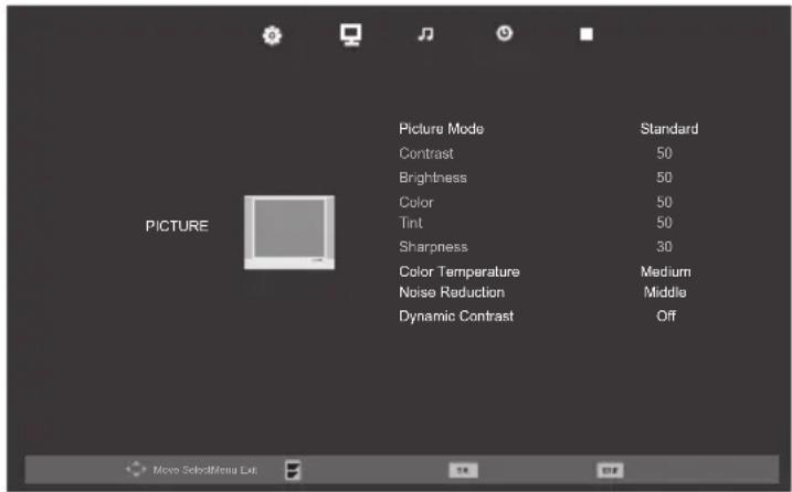 Picture Mode Contrast Brightness Color Tint Sharpness Color Temperature Noise Reduction Dynamic Contrast Standard 50 50 50 50 30 Medium Middle Off