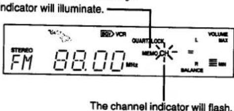 indicator will illuminate. STEREO FM 88.00 MHz VCR QUART-LOCK MEMOCH- = R BALANCE VOLUME MAX MIN The channel indicator will flash.