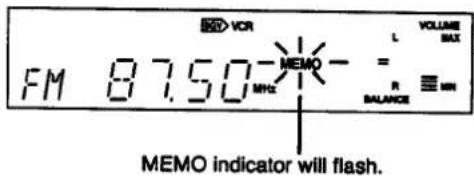 VCR FM 87.50 MHz MEMO - L VOLUME MAX R BALANCE ≡ MIN MEMO indicator will flash.