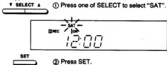 SELECT ▲ ① Press one of SELECT to select "SAT". REC SAT ON 12:00 SET ② Press SET.