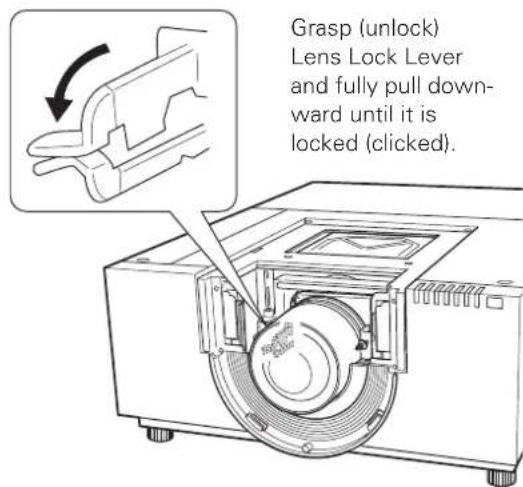 Grasp (unlock) Lens Lock Lever and fully pull down- ward until it is locked (clicked).