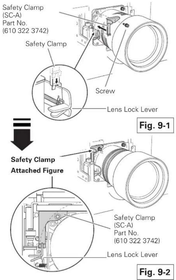 Safety Clamp (SC-A) Part No. (610 322 3742) Safety Clamp Screw Lens Lock Lever Fig. 9-1 Safety Clamp Attached Figure Safety Clamp (SC-A) Part No. (610 322 3742) Lens Lock Lever Fig. 9-2