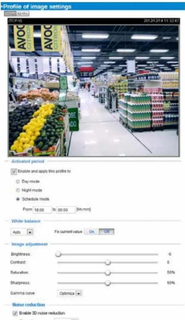 Profile of image settings TCEP-V) 201 201 2014 11:32:47 AVOC CITRON AVOC CITRON CLOSE ADO Activated period Enable and apply this profile to Day mode Night mode Schedule mode From 18:00 to 06:00 (hh:mm) White balance Auto Fix current value On Off Image adjustment Brightness: -5 Contrast: 0 Saturation: 50% Sharpness: 50% Gamma curve Optimize Noise reduction Enable 3D noise reduction