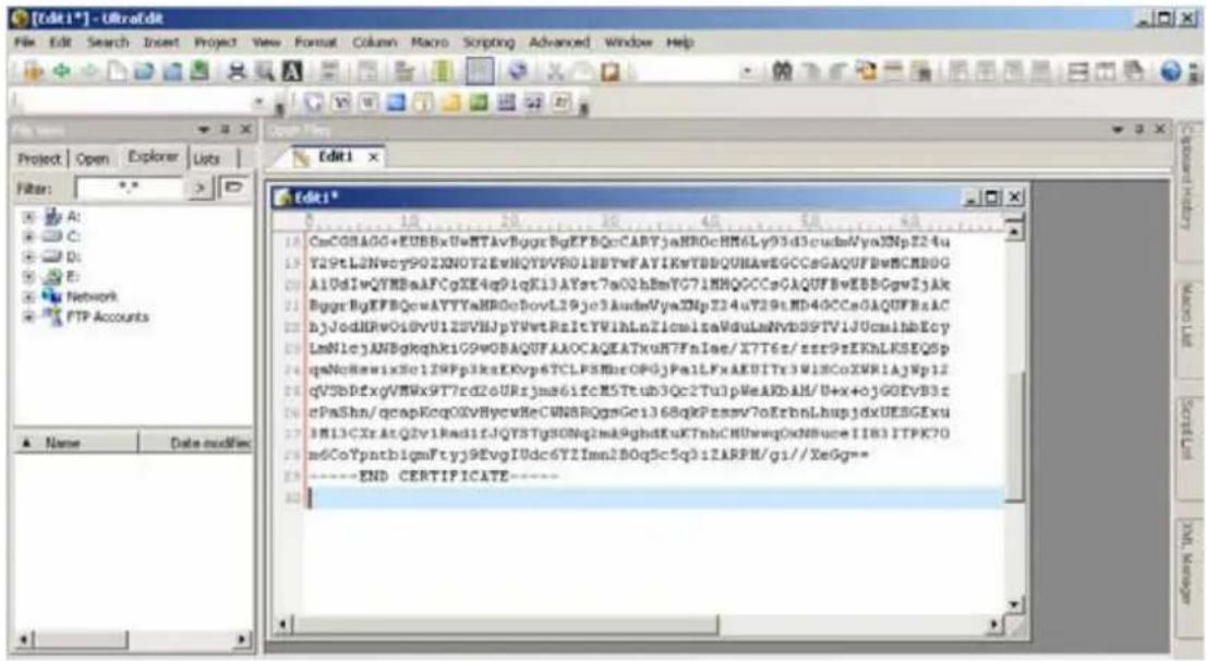 [Edit1*] - UltraEdit File Edit Search Insert Project View Format Column Macro Scripting Advanced Window Help Project Open Explorer Lists Filter: *.* Name Data modification CscGBAGG+EUBBxUwMTAvBggrBgEPBQcCARYjaHROcHM6Ly93d3cudbVyaXNpZ24u Y29tL2Ncy7P0ZXN0T2EvKQYdVRSD1BBTyFAYIKwYBBQUHAeEGCCsGAQUFBwMCND0G A10dIwQYMBaAFCgXE4q91qK13AYst7a02h8mYG71MHQQCCsGAQUFBwEBBBgwTjAk BggrBgEPBQcwAYYYaHRDoDovL29je3AudevVyaXNpZ24uY29tMD40CCsGAQUFBsAC hjJodHRwOiDvU12SVHJpYWetReltYViHlnZlcmlzaWduLnNvbS9TViJUcmihbEcy LmNlcjANBgkqhkiG9wOBAQUFAAOCAQEATkuH7FnIae/X7T6z/zsr9zEKhLKSEQSp qsnVoNewixHe1ZNFp3ksKKvp6TCLPSHNrOPGjPalLFxAKUITr3WiNCoXWRlAjNp12 qV5bDfxgVMWx9TT7rd26URjma61fcM5Ttub3Qc2TulpNeAKbAH/U+x+ojGOEvB3t cPmShn/qcapEcqO0xVBycWeCWMNRQgsGe1368qKPeassv7oErbnLhupjdxUESGExu 3M13CXrAtQ2v1Rmad1fJQYSTgSONg2mk9ghdEuKTnhCHUwwgOxNNbueIIB3ITPK70 m6CoYpntb1qmAftyj9EvgIUdc6YTImn2BOgSc5q3iZARPM/gi//XeGg** ----END CERTIFICATE----