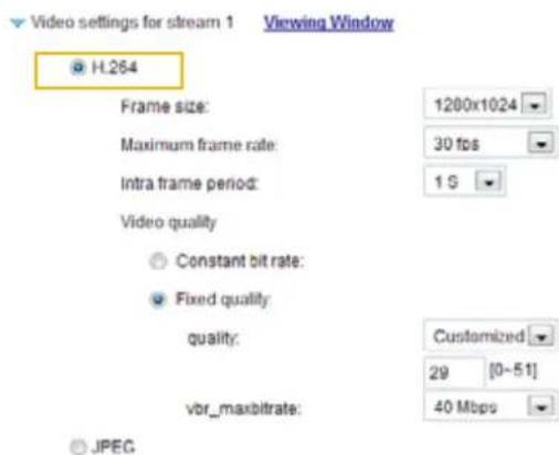 Video settings for stream 1 Viewing Window H.264 Frame size: 1200x1024 Maximum frame rate: 30 fps Intra frame period: 1 S Video quality Constant bit rate: Fixed quality quality: Customized 29 [0~51] vbr_maxbitrate: 40 Mbps JPEG