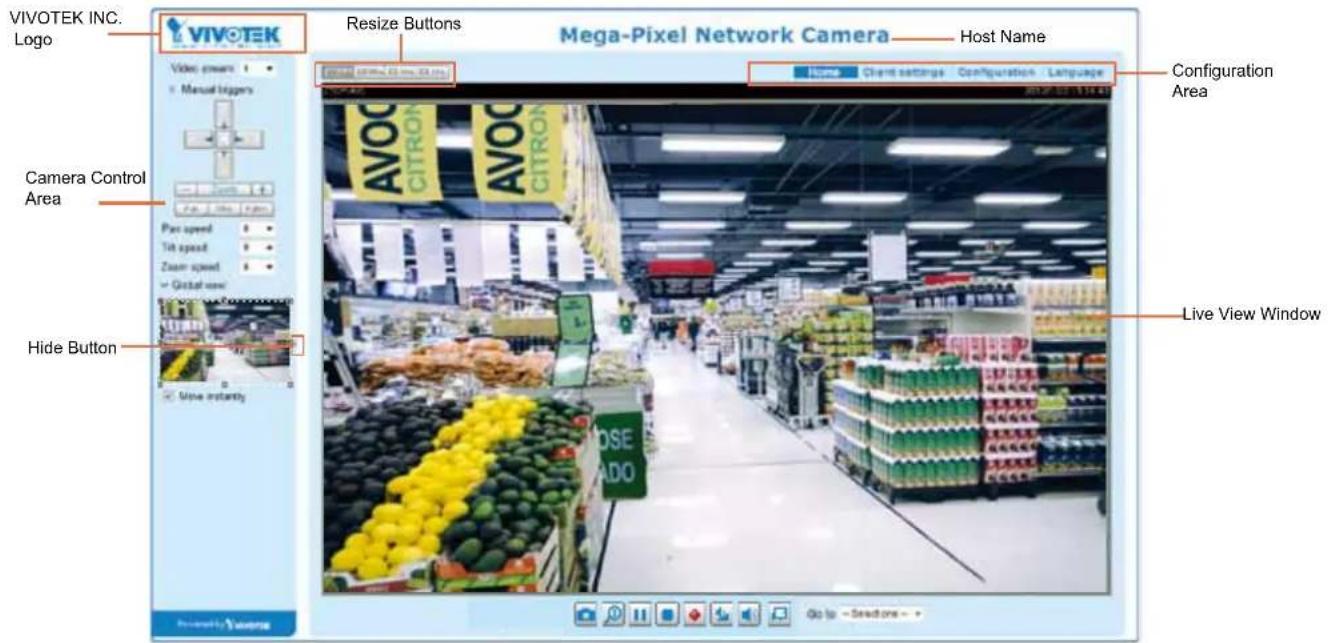 VIVOTEK INC. Logo Video owners Manual triggers Camera Control Area Pan speed Tick speed Zoom speed Global view Hide Button Move instantly Resize Buttons Mega-Pixel Network Camera Host Name Client settings Configuration Language AVOC CITRON AVOC CITRON Configuration Area Live View Window