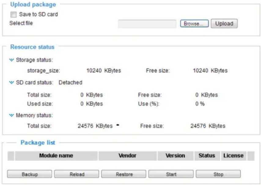 Upload package Save to SD card Select file Browse... Upload Resource status Storage status: storage_size: 10240 KBytes Free size: 10240 KBytes SD card status: Detached Total size: 0 KBytes Free size: 0 KBytes Used size: 0 KBytes Use (%): 0 % Memory status: Total size: 24576 KBytes Free size: 24576 KBytes Package list Module name Vendor Version Status License Backup Reload Restore Start Stop