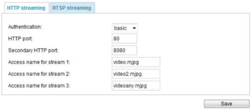 HTTP streaming RTSP streaming Authentication: basic HTTP port: 80 Secondary HTTP port: 8080 Access name for stream 1: video.mjpg Access name for stream 2: video2.mjpg Access name for stream 3: videoany.mjpg Save