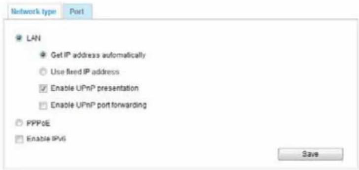 Network type Port LAN Get IP address automatically Use fixed IP address Enable UPnP presentation Enable UPnP port forwarding PPPoE Enable IPv6 Save
