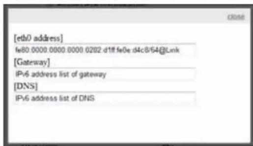 [eth0 address] fe80 0000.0000 0000 0202 d1ff fe0e d4c8f64@Link [Gateway] IPv6 address list of gateway [DNS] IPv6 address list of DNS