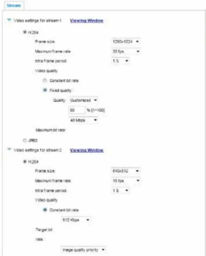 Stream Video settings for stream 1 Viewing Window H264 Frame size: 1280x1004 Maximum frame rate: 30 fps intra frame period: 1.5 Video quality Constant bit rate Fixed quality Quality: Customized 50 % [1~100] 40 Mbps Maximum bit rate: JPEG Video settings for stream 2 Viewing Window H264 Frame size: 640x912 Maximum frame rate: 15 fps intra frame period: 1.5 Video quality Constant bit rate 512 Kbps Target bit rate: Image quality priority