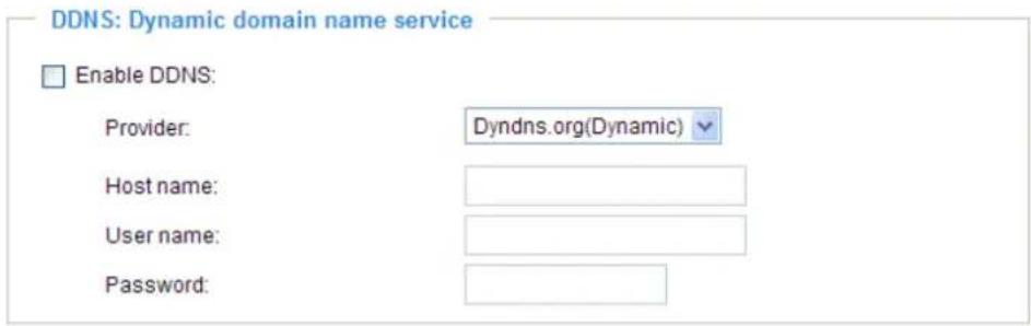 DDNS: Dynamic domain name service Enable DDNS: Provider: Dyndns.org(Dynamic) Host name: User name: Password: