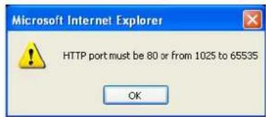 Microsoft Internet Explorer HTTP port must be 80 or from 1025 to 65535 OK