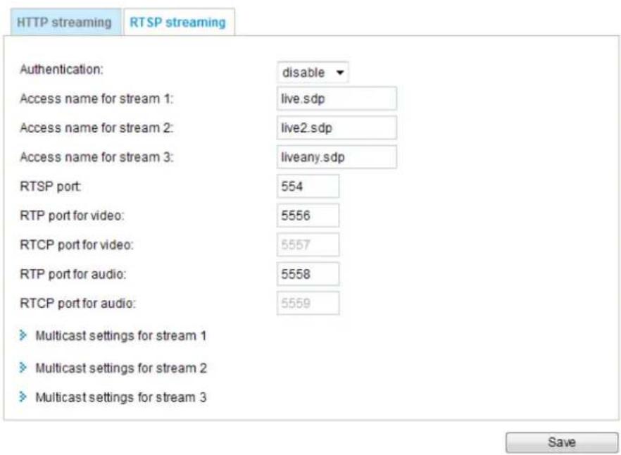 HTTP streaming RTSP streaming Authentication: disable Access name for stream 1: live.sdp Access name for stream 2: live2.sdp Access name for stream 3: liveany.sdp RTSP port: 554 RTP port for video: 5556 RTCP port for video: 5557 RTP port for audio: 5558 RTCP port for audio: 5559 Multicast settings for stream 1 Multicast settings for stream 2 Multicast settings for stream 3 Save
