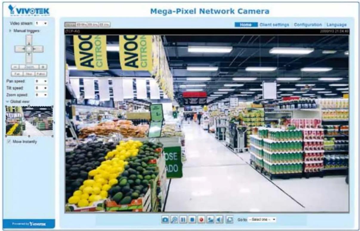 VIVOTEK Video stream Manual triggers: Pan speed: 0 Tilt speed: 0 Zoom speed: 0 Global view: Move Instantly Mega-Pixel Network Camera Home Client settings Configuration Language (TCF-4V) AVOC CITRON AVOC CITRON 2009/1/13 21:04:40 CLOSEADO Go to -Select one -