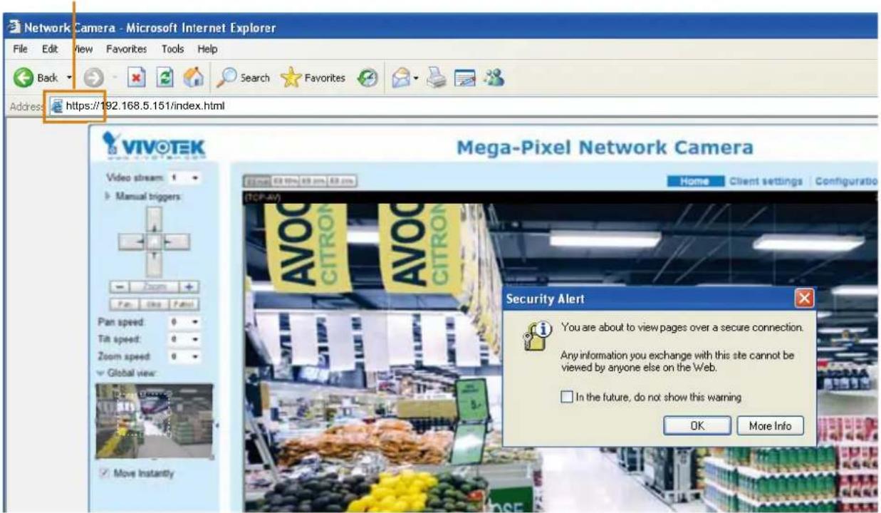 Network Camera - Microsoft Internet Explorer File Edit View Favorites Tools Help Back Search Favorites Address: https://192.168.5.151/index.html VIVO TEK Video stream: 1 Manual triggers: Pan speed: 0 Tilt speed: 0 Zoom speed: 0 Global view: Move Instantly Mega-Pixel Network Camera Home Client settings Configuration (TCP-47) AVOC CITRON AVOC CITRON Security Alert You are about to view pages over a secure connection. Any information you exchange with this site cannot be viewed by anyone else on the Web. In the future, do not show this warning OK More Info