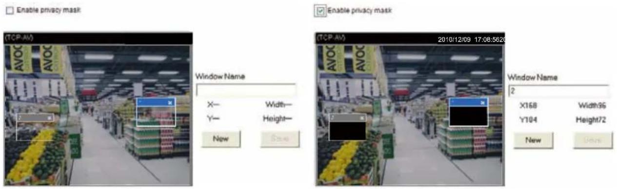 Enable privacy mask Enable privacy mask (TCP-AV) Window Name X— Width— Y— Height— New Stop 2010/12/09 17:08:5620 AVOC AVOC Window Name 2 X168 Width96 Y104 Height72 New Stop