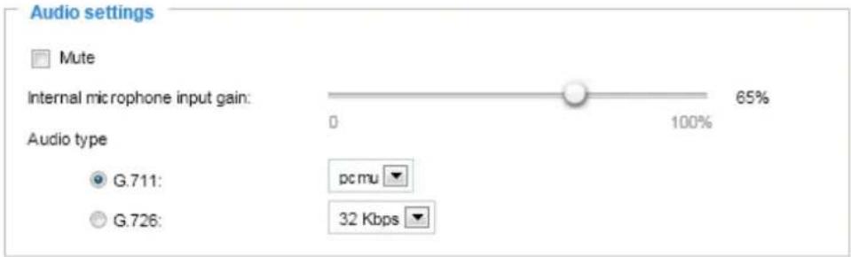 Audio settings Mute Internal microphone input gain: 65% 0 100% Audio type G.711: pc mu G.726: 32 Kbps