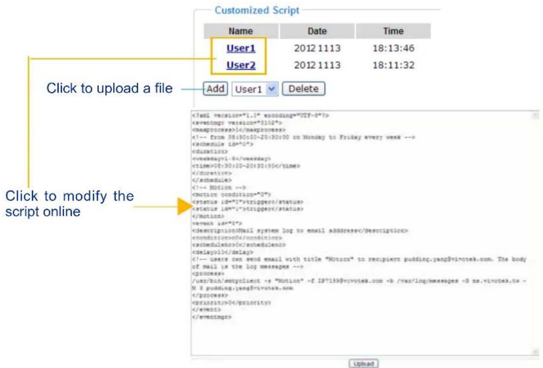 Customized Script Name Date Time User1 2012 1113 18:13:46 User2 2012 1113 18:11:32 Click to upload a file Add User1 Delete Click to modify the script online 00:30:00-20:30:00