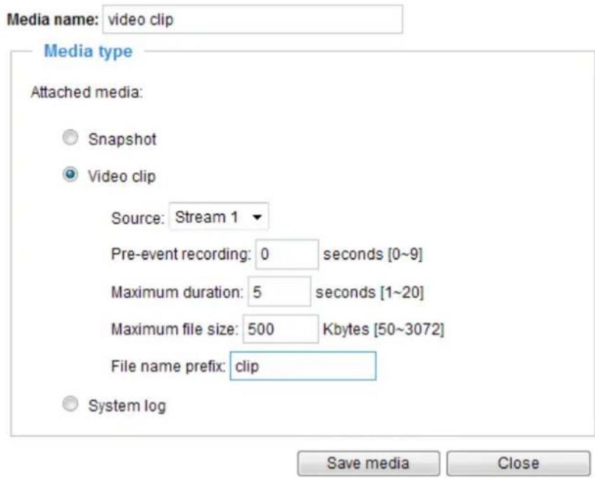 Media name: video clip Media type Attached media: Snapshot Video clip Source: Stream 1 Pre-event recording: 0 seconds [0~9] Maximum duration: 5 seconds [1~20] Maximum file size: 500 Kbytes [50~3072] File name prefix: clip System log Save media Close