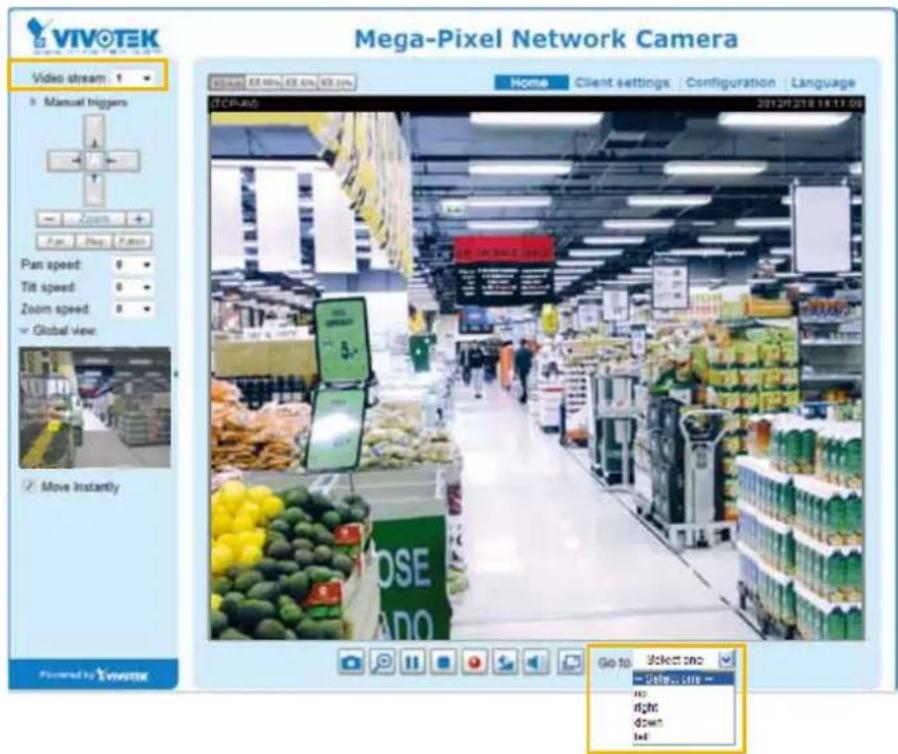VIVOTEK Video stream: Manual higgers Pan speed: 0 Tit speed: 0 Zoom speed: 0 Global view: Move instantly Mega-Pixel Network Camera Home Client settings Configuration Language TCP/IPA 2012/07/2018 14:17:06 Go to Select one - Date: date - H: right down left