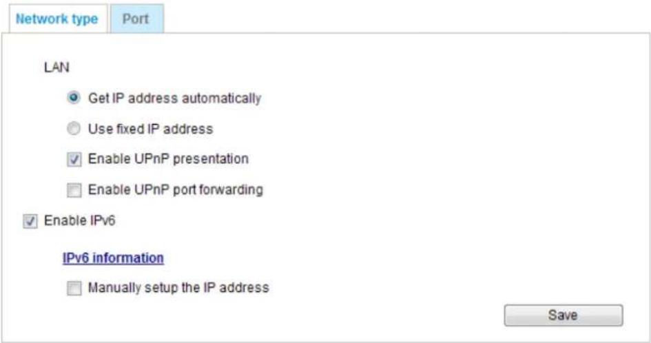 Network type Port LAN ● Get IP address automatically ○ Use fixed IP address ✓ Enable UPnP presentation □ Enable UPnP port forwarding ✓ Enable IPv6 IPv6 information □ Manually setup the IP address Save