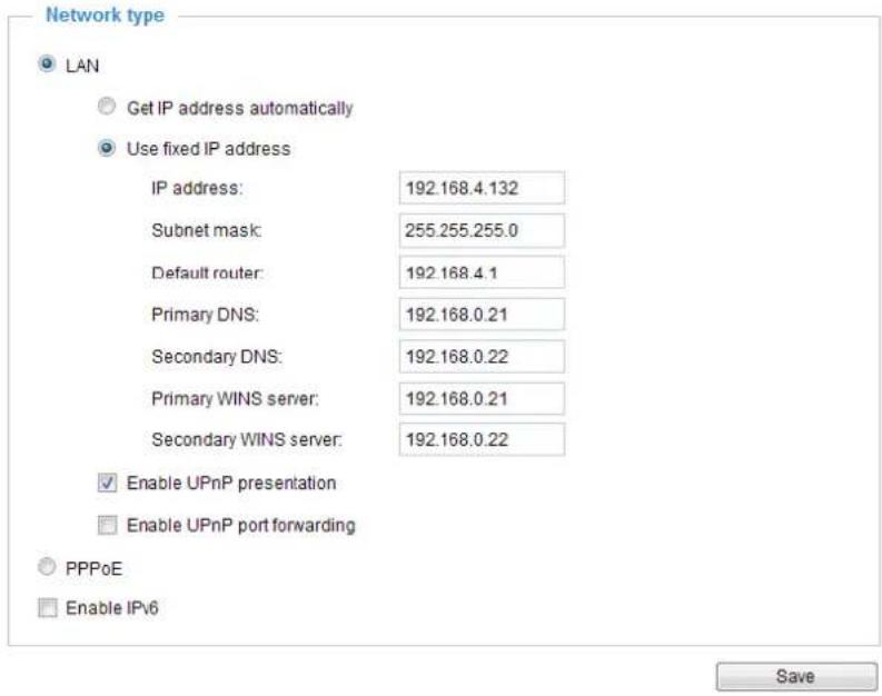 Network type LAN Get IP address automatically Use fixed IP address IP address: 192.168.4.132 Subnet mask: 255.255.255.0 Default router: 192.168.4.1 Primary DNS: 192.168.0.21 Secondary DNS: 192.168.0.22 Primary WINS server: 192.168.0.21 Secondary WINS server: 192.168.0.22 Enable UPnP presentation Enable UPnP port forwarding PPPoE Enable IPv6 Save