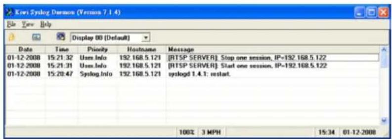 Kewi Syslog Daemon (Version 7.1.4) File View Help Display 00 [Default] Date Time Priority Hostname Message 01-12-2008 15:21:32 Users.Info 192.168.5.121 [RTSP SERVER]: Stop one session, IP=192.168.5.122 01-12-2008 15:21:31 Users.info 192.168.5.121 [RTSP SERVER]: Start one session, IP=192.168.5.122 01-12-2008 15:20:47 Syslog.Info 192.168.5.121 syslogd 1.4.1: restart. 100% 3 MPH 15:34 01-12-2008
