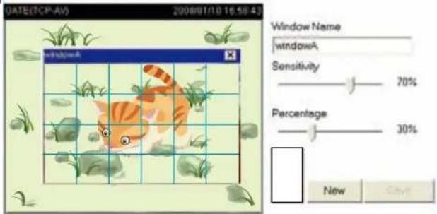 DATE(TCP-AV) 2006/01/10 16:58:43 windowA Window Name windowA Sensitivity 70% Percentage 30% New SAVE