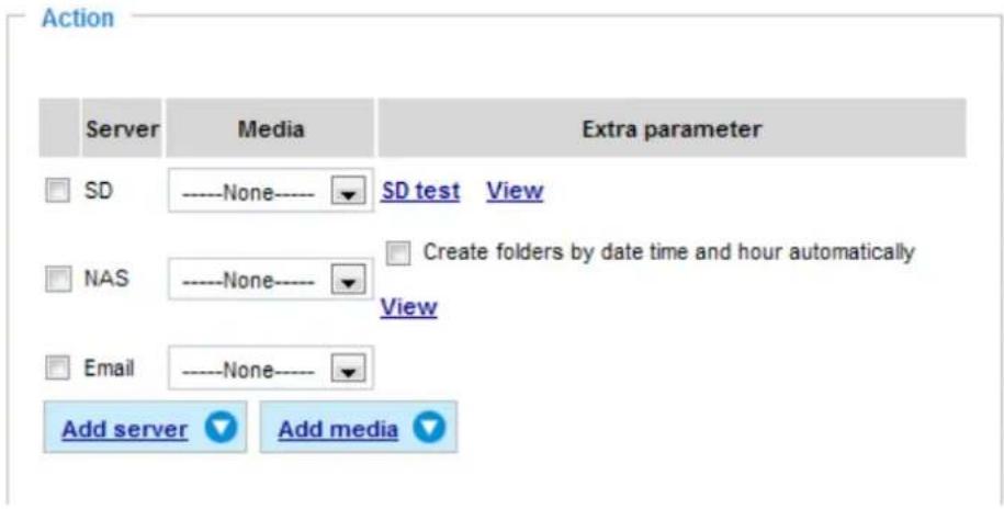 Action Server Media Extra parameter SD ----None ---- SD test View NAS ----None ---- Create folders by date time and hour automatically View Email ----None ---- Add server Add media