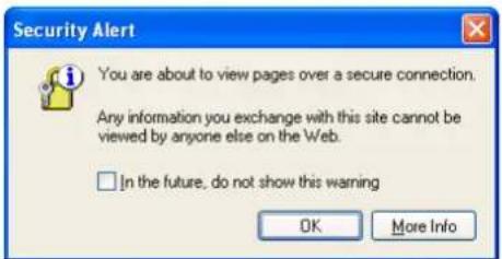 Security Alert You are about to view pages over a secure connection. Any information you exchange with this site cannot be viewed by anyone else on the Web. □ In the future, do not show this warning OK More Info