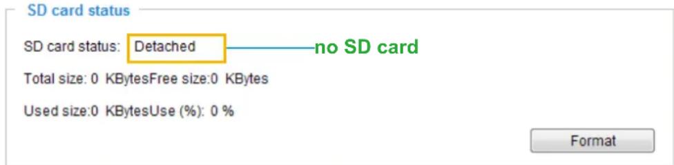 SD card status SD card status: Detached — no SD card Total size: 0 KBytesFree size:0 KBytes Used size:0 KBytesUse (%): 0 % Format