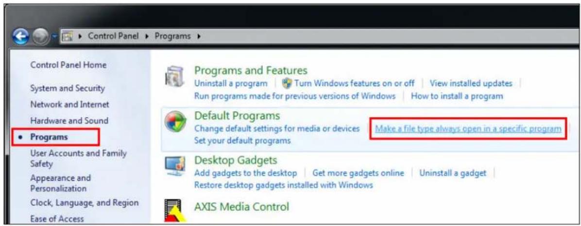 Control Panel > Programs > Control Panel Home System and Security Network and Internet Hardware and Sound • Programs User Accounts and Family Safety Appearance and Personalization Clock, Language, and Region Ease of Access Programs and Features Uninstall a program | Turn Windows features on or off | View installed updates | Run programs made for previous versions of Windows | How to install a program Default Programs Change default settings for media or devices Set your default programs Make a file type always open in a specific program Desktop Gadgets Add gadgets to the desktop | Get more gadgets online | Uninstall a gadget | Restore desktop gadgets installed with Windows AXIS Media Control