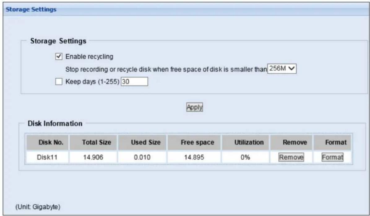 Storage Settings Storage Settings ✓ Enable recycling Stop recording or recycle disk when free space of disk is smaller than 256M ✓ □ Keep days (1-255) 30 Apply Disk Information Disk No. Total Size Used Size Free space Utilization Remove Format Disk11 14.906 0.010 14.895 0% Remove Format (Unit: Gigabyte)