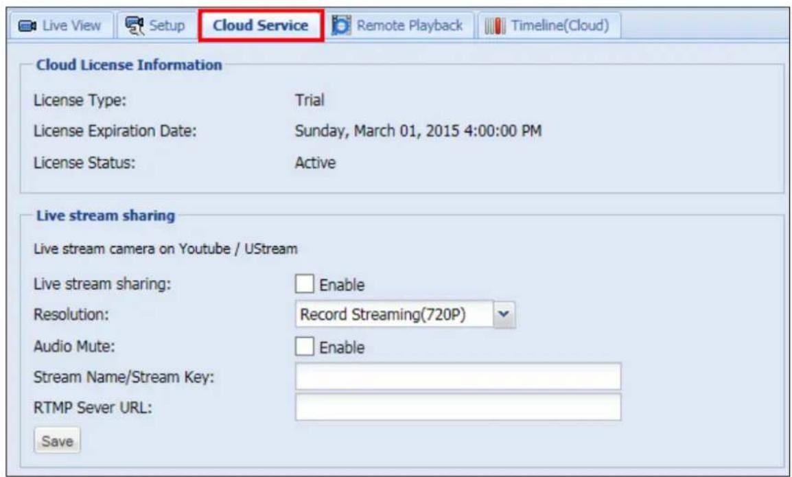 Live View Setup Cloud Service Remote Playback Timeline(Cloud) Cloud License Information License Type: Trial License Expiration Date: Sunday, March 01, 2015 4:00:00 PM License Status: Active Live stream sharing Live stream camera on Youtube / UStream Live stream sharing: Enable Resolution: Record Streaming(720P) Audio Mute: Enable Stream Name/Stream Key: RTMP Sever URL: Save