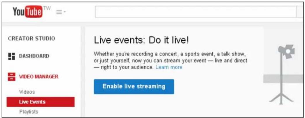 YouTube™ CREATOR STUDIO DASHBOARD VIDEO MANAGER Videos Live Events Playlists Live events: Do it live! Whether you're recording a concert, a sports event, a talk show, or just yourself, now you can stream your event — live and direct — right to your audience. Learn more Enable live streaming