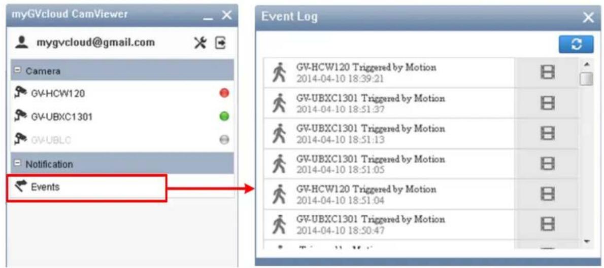 myGVcloud CamViewer mygvcloud@gmail.com Camera GV-HCW120 GV-UBXC1301 GV-UBLC Notification Events Event Log GV-HCW120 Triggered by Motion 2014-04-10 18:39:21 GV-UBXC1301 Triggered by Motion 2014-04-10 18:51:37 GV-UBXC1301 Triggered by Motion 2014-04-10 18:51:13 GV-UBXC1301 Triggered by Motion 2014-04-10 18:51:05 GV-HCW120 Triggered by Motion 2014-04-10 18:51:04 GV-UBXC1301 Triggered by Motion 2014-04-10 18:50:47