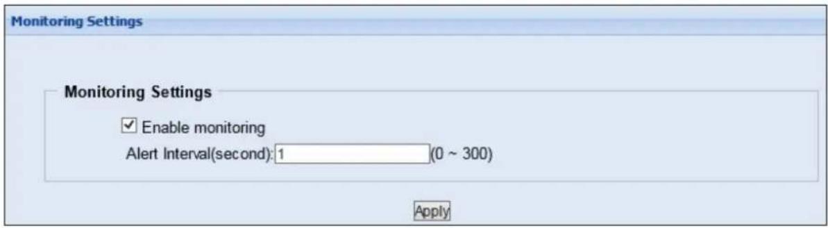 Monitoring Settings Monitoring Settings ✓ Enable monitoring Alert Interval(second): 1 (0 ~ 300) Apply