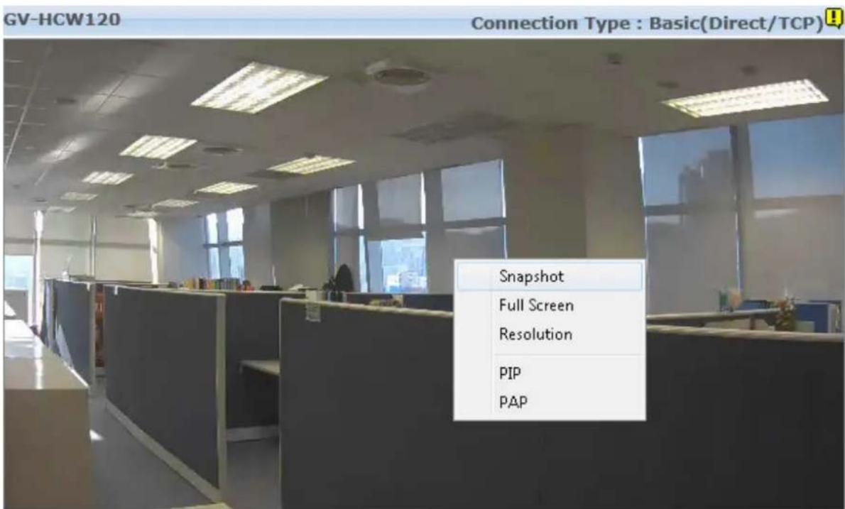 GV-HCW120 Connection Type : Basic(Direct/TCP) Snapshot Full Screen Resolution PIP PAP