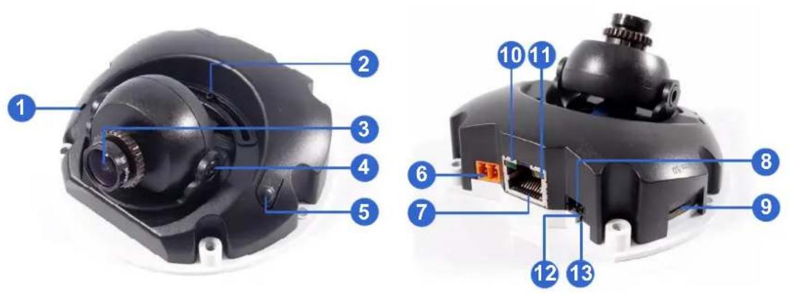 Technical diagram of a device with numbered parts, showing front and side views with labeled components.