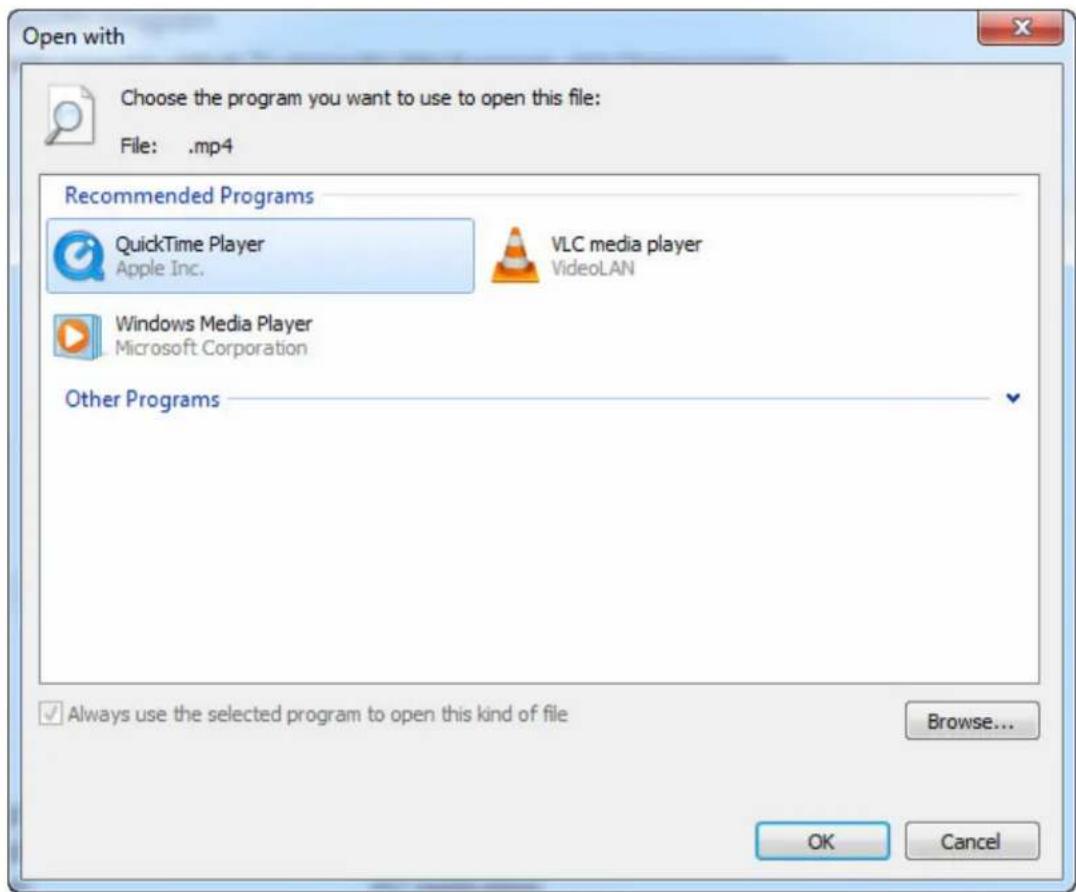 Open with Choose the program you want to use to open this file: File: .mp4 Recommended Programs QuickTime Player Apple Inc. VLC media player VideoLAN Windows Media Player Microsoft Corporation Other Programs ✓ Always use the selected program to open this kind of file Browse... OK Cancel