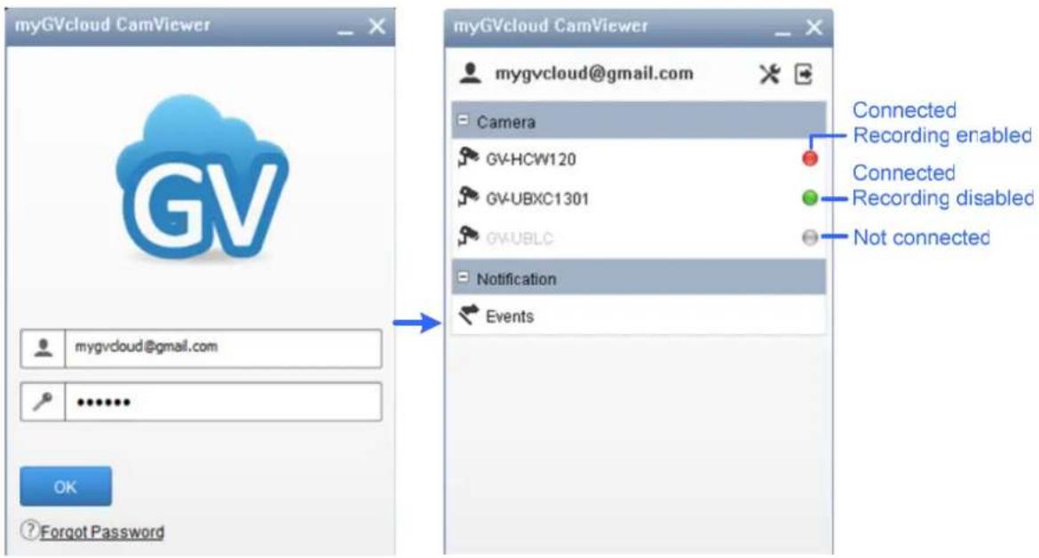 myGVcloud CamViewer myGVcloud@gmail.com Camera GV-HCW120 GV-UBXC1301 GV-UBLC Notification Events Connected Recording enabled Connected Recording disabled Not connected mygvcloud@gmail.com ...... OK ?Forgot Password