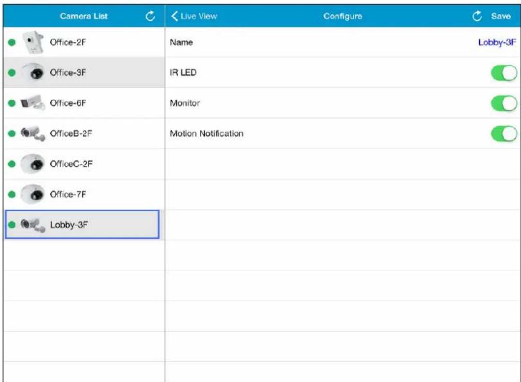Camera List Office-2F Office-3F Office-6F OfficeB-2F OfficeC-2F Office-7F Lobby-3F Live View Configure Save Name Lobby-3F IR LED Monitor Motion Notification