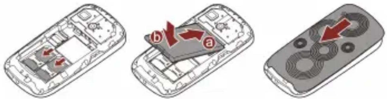 Diagram showing three views of a mobile phone with labeled parts (a, b) and directional arrows indicating movement or change.