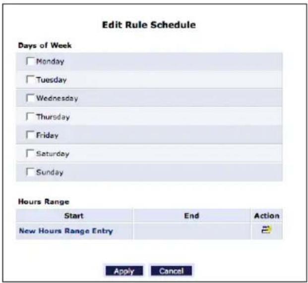 Edit Rule Schedule Days of Week □ Monday □ Tuesday □ Wednesday □ Thursday □ Friday □ Saturday □ Sunday Hours Range Start End Action New Hours Range Entry Apply Cancel