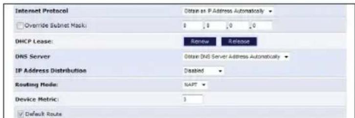 Internet Protocol Override Subnet Mask: DHCP Lease: DNS Server IP Address Distribution Routing Mode: Device Metric: Default Route Obtain an P Address Automatically 8 0 0 Renew Release Obtain DNS Server Address Automatically Disabled NAPT 3