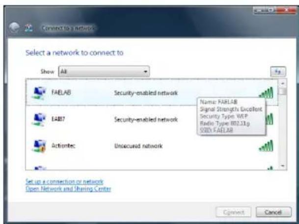 Connect to a network Select a network to connect to Show All FAELAB Security-enabled network EAB7 Security-enabled network Activetec Unsecured network Name: FAELAB Signal Strengths Excellent Security Type: WEP Radio Type: 802.11g. SSIDs FAELAB Set up a connection or network Open Network and Sharing Center Connect Cancel